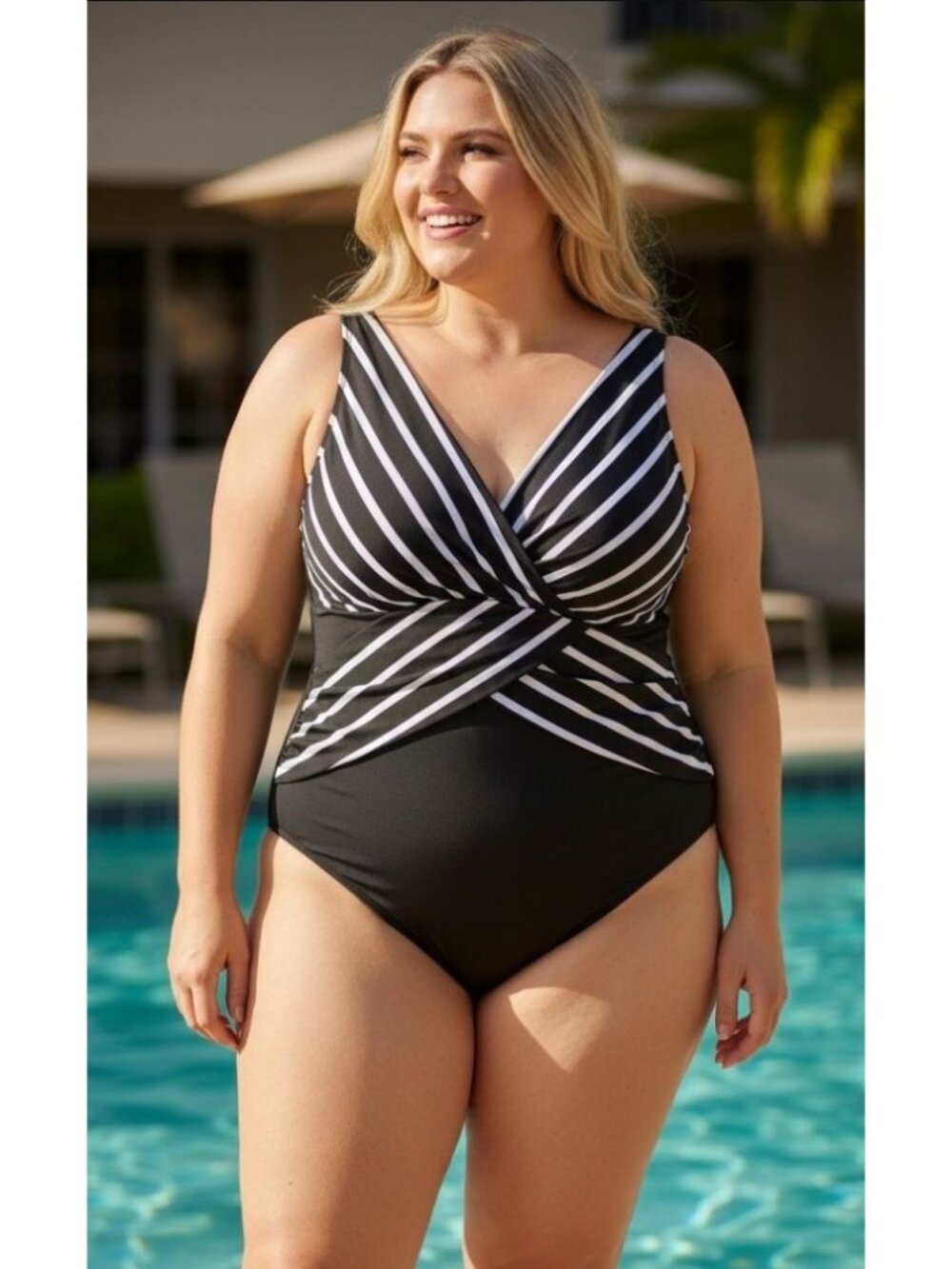 Black & White Striped Plus Size One-Piece Swimsuit With Lined Cups - 3XL - Nylon
